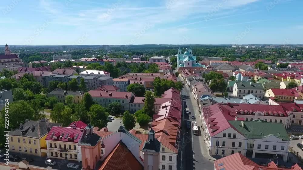 Aerial view of Grodno, Belarus. The historic city center with red tile roofs in perspective. Aerial view of Grodno, Belarus. The historic city center with red tile roofs in perspective.