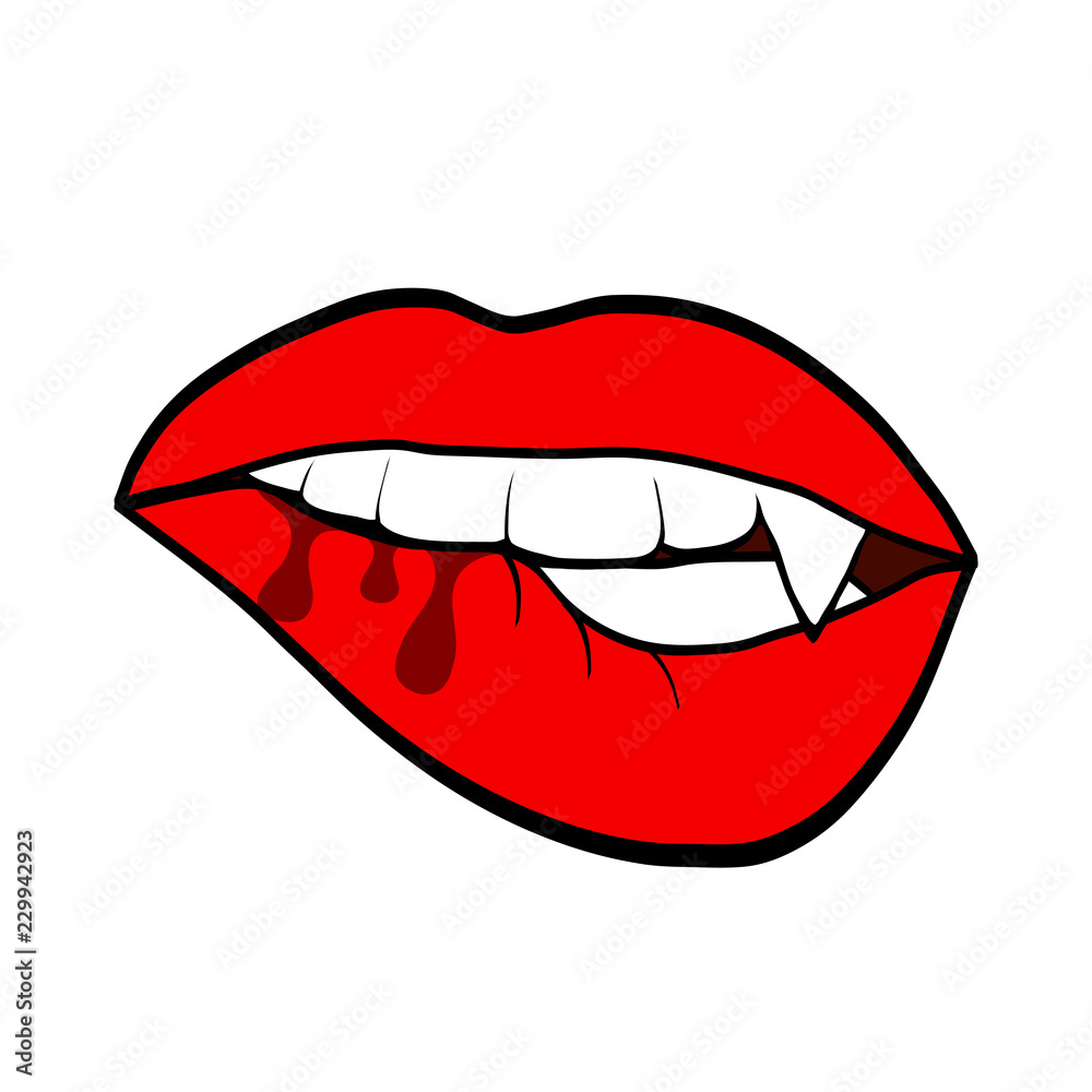 Sexy woman red lips with vampire teeth, halloween design for greeting card, stock vector illustration