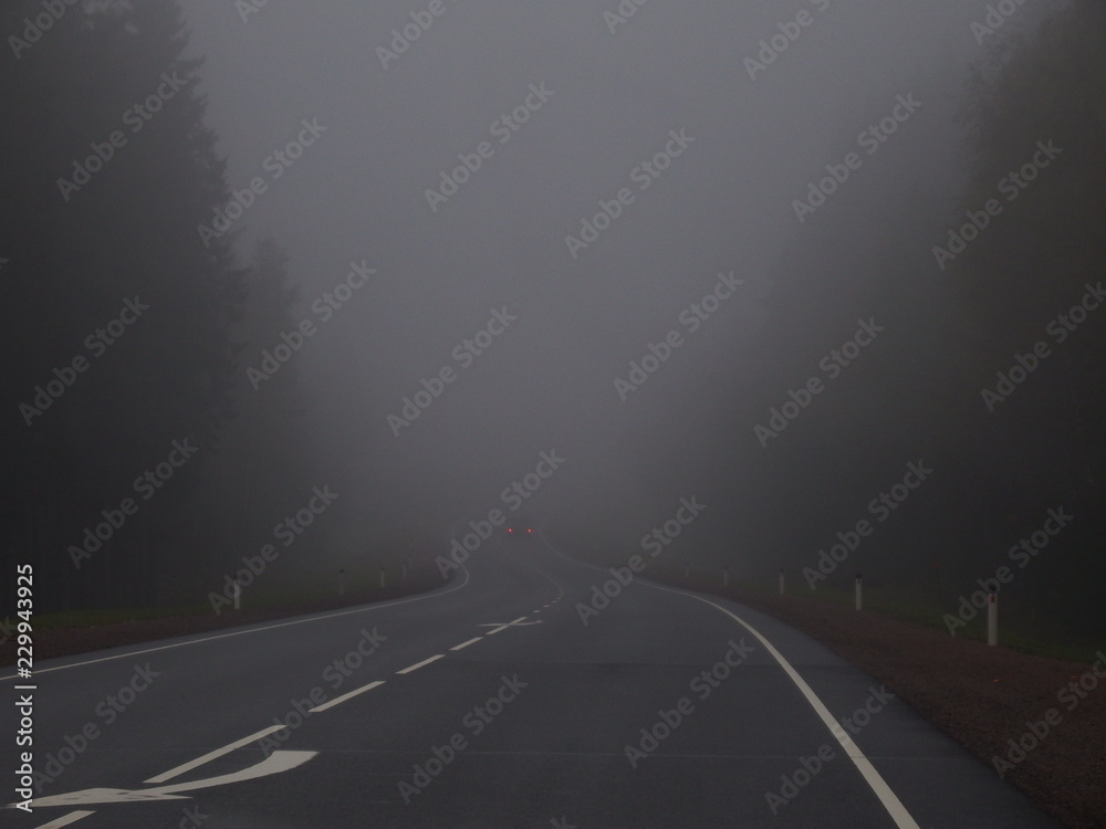 Empty road in heavy fog