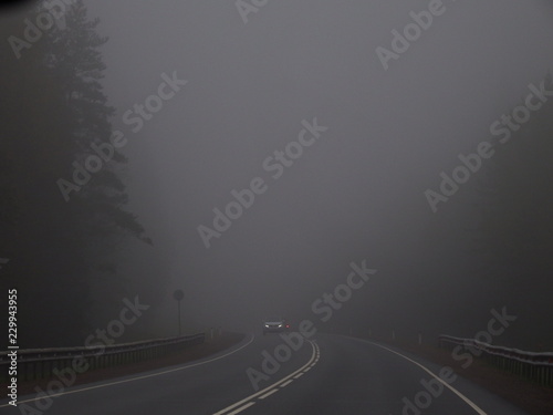 Car on a foggy road in the countryside