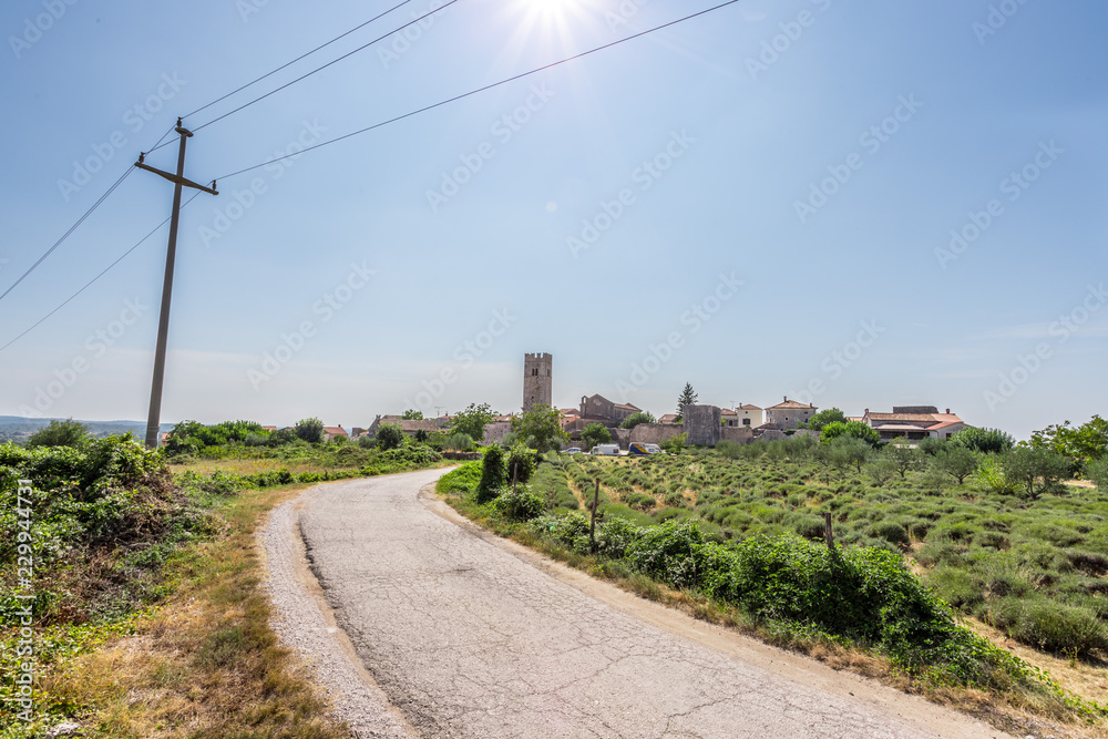 Straße in einen beschaulichen Ort in Kroatien, Lavendelfelder 