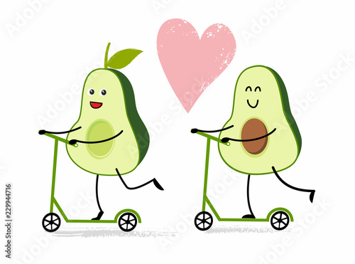 Cute avocado in love on kick scooter. Vector illustration in cartoon style