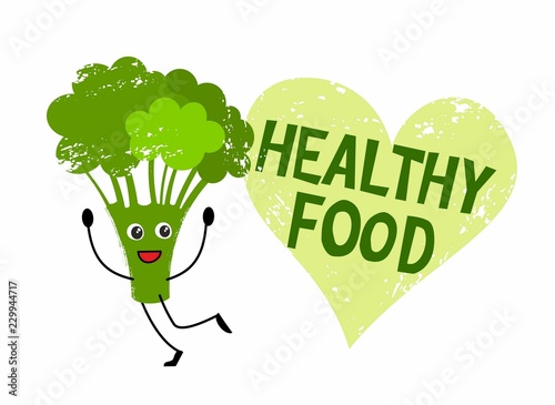 Happy cute broccoli in cartoon style with lettering Healthy food