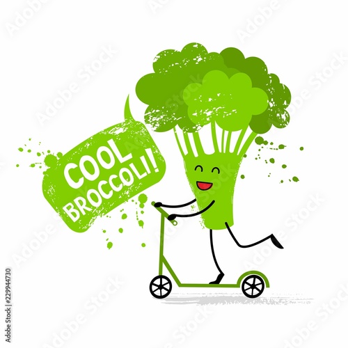 Cute broccoli on a kick scooter in cartoon style. Design for kids