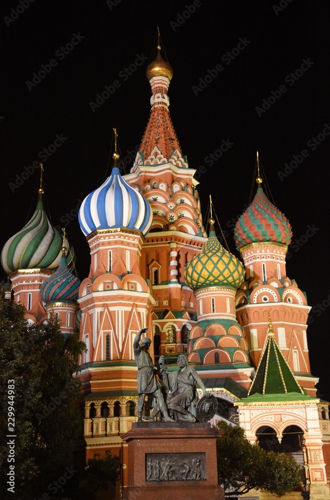 Saint Basils cathedral on the Red Square in Moscow. Color night photo.