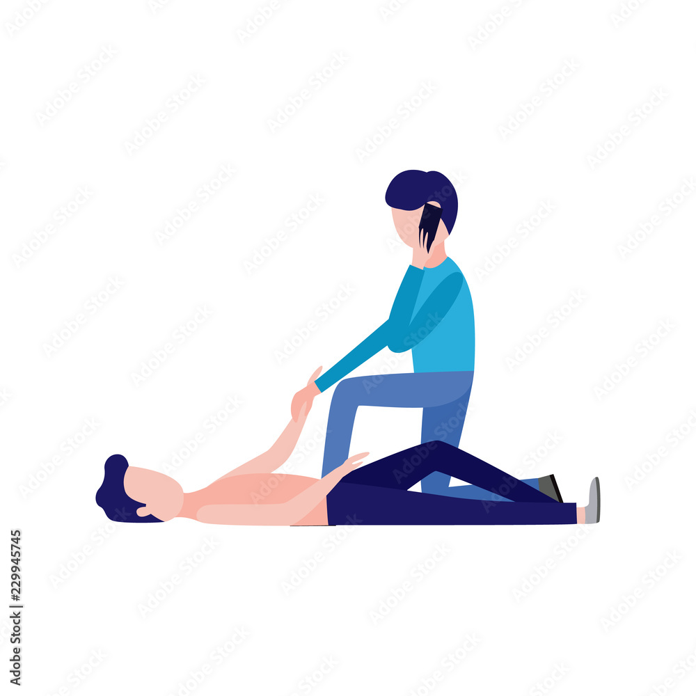 First aid, emergency and medical rescue concept with female character calling emergency service to lying at ground man. Vector women passing by helping injured man