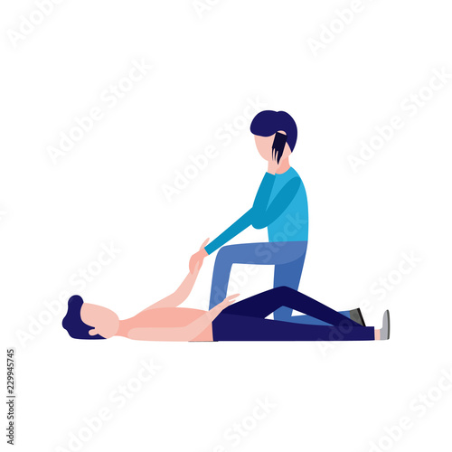 First aid, emergency and medical rescue concept with female character calling emergency service to lying at ground man. Vector women passing by helping injured man