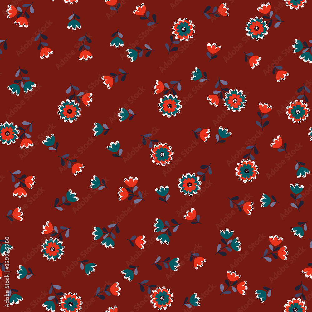 Simple cute pattern in small-scale flowers. High-coverage millefleurs. Calico style. Floral seamless background for textile or book covers, manufacturing, wallpapers, print, gift wrap and scrapbooking Simple cute pattern in small-scale flowers. High-coverage millefleurs. Calico style. Floral seamless background for textile or book covers, manufacturing, wallpapers, print, gift wrap and scrapbooking