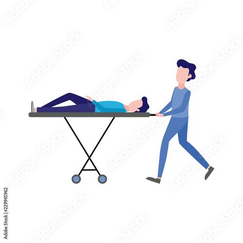 First aid, emergency and medical rescue concept with female nurse in medical uniform pushing gurney with lying male. Vector women doctor helping injured man patient
