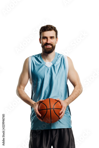 Happy basketball player on white