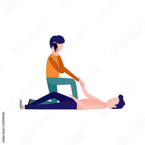 First aid, emergency and medical rescue concept with female character calling emergency service to lying at ground man. Vector women passing by helping injured man