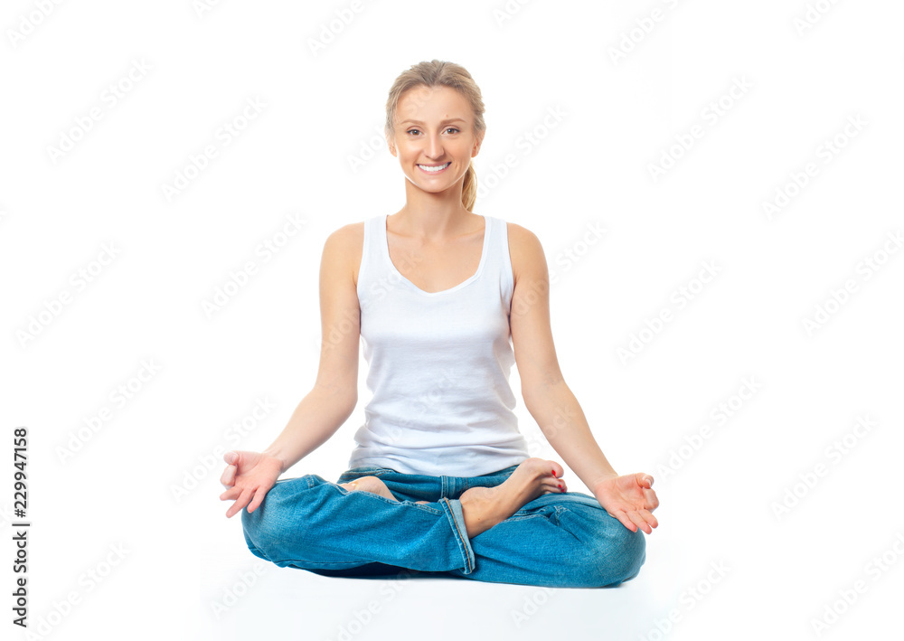 Young healthy woman doing yoga exercises, isolated on white background