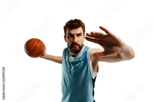 Aiming basketball player on white