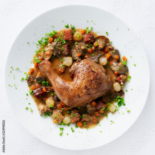 chicken, vegetables, mushrooms, and brisket stewed in red wine then reduced into a gravy sauce decorated with parsley