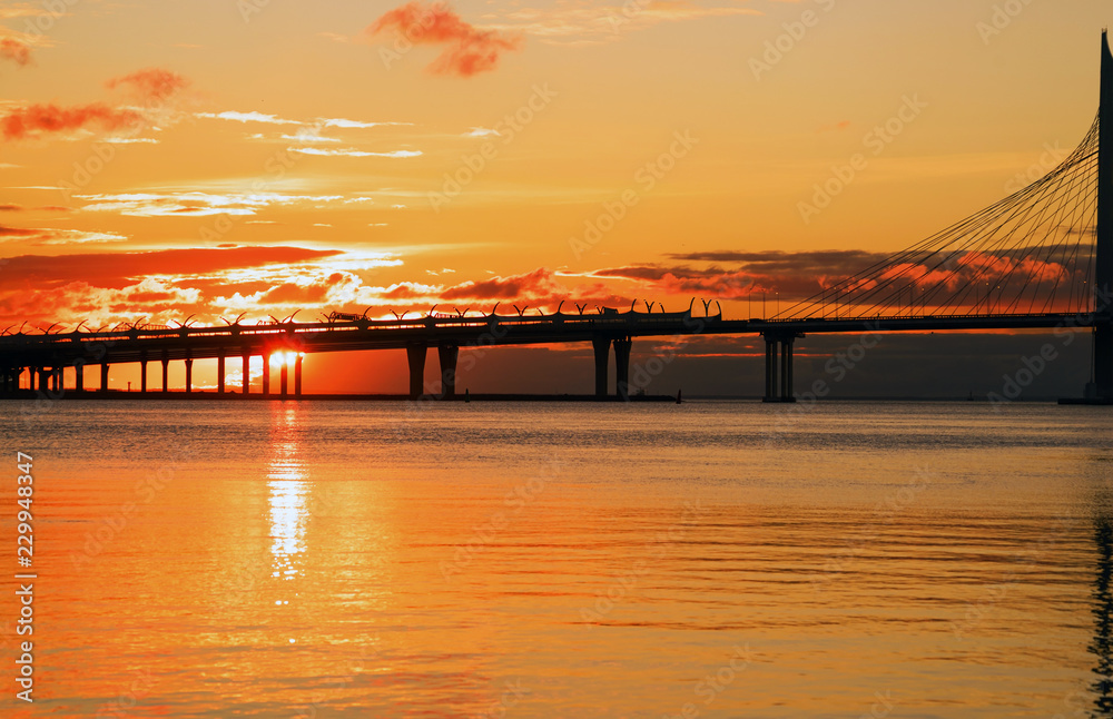 Evening view of the bridge over the Petrovsky canal, ZSD Central section at sunset.