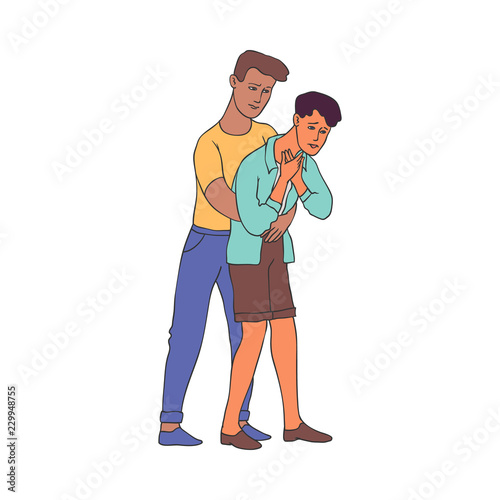 Heimlich maneuver vector illustration - young man saving life of boy performing abdominal thrusts in sketch style. Isolated hand drawn male character doing first aid to choking person.