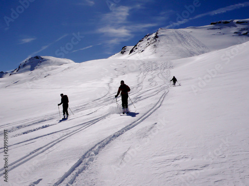 three backcountry skiers enjyoing a ski descent in fresh powder in the Swiss Alps