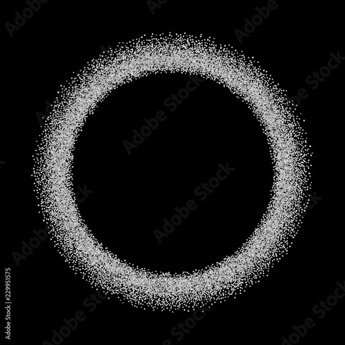 Silver circle glitter frame. Gray confetti dots round on black background. Bright texture pattern for Christmas celebration party, New Year card. Glow border. Abstract design. Vector illustration