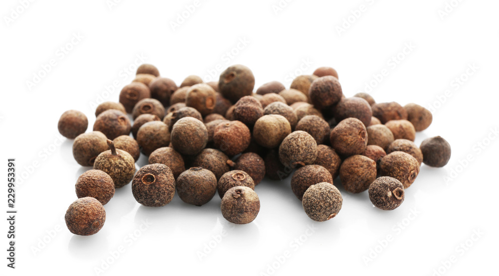 Allspice pepper grains on white background. Natural spice