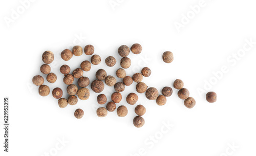 Allspice pepper grains on white background, top view. Natural spice