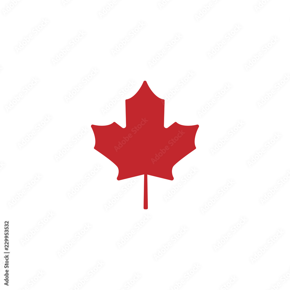 Flat red maple leaf with little stem. Vector icon. Isolated on white. Autumn single leaf silhouette. Canada Flat red maple leaf with little stem. Vector icon. Isolated on white. Autumn single leaf silhouette. Canada