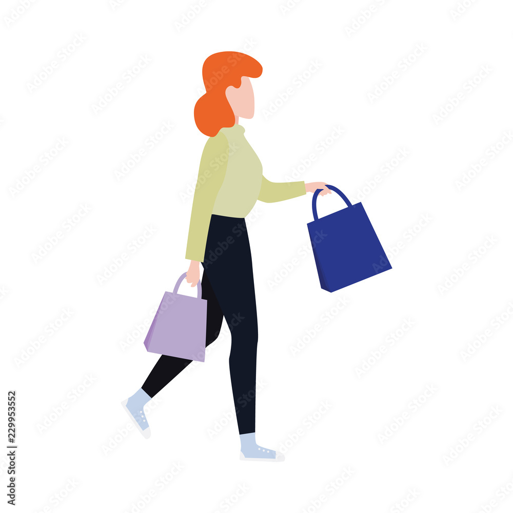 Flat woman in winter outdoor clothing running holding shopping bags with purchases made during store clearance and discounts. Female character with goods. Vector illustration