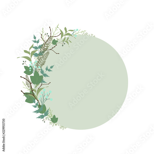 Floral round wreath, herb crown. With twigs, sprigs, branches, berries and blades of grass.