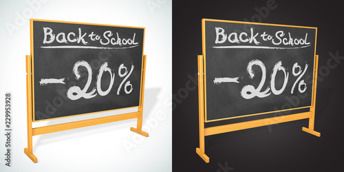 Back to school discount -20% written on the realistic wooden black blackboard. Turned chalkboard for your web design. Board for education. Vector illustration