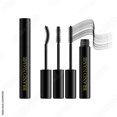 A mascara tube and a wand applicator. Cosmetic black gold bottle with eyelash brush. Isolated on white background. Grunge swatch, black wavy brush stroke hand drawn. 3d realistic vector