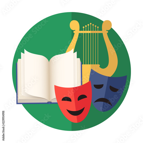 Emblem of creativity or art: literature, poetry, music, acting. Vector illustration.