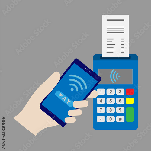 Pos terminal with receipt and smartphone, payment with smartphone concept 