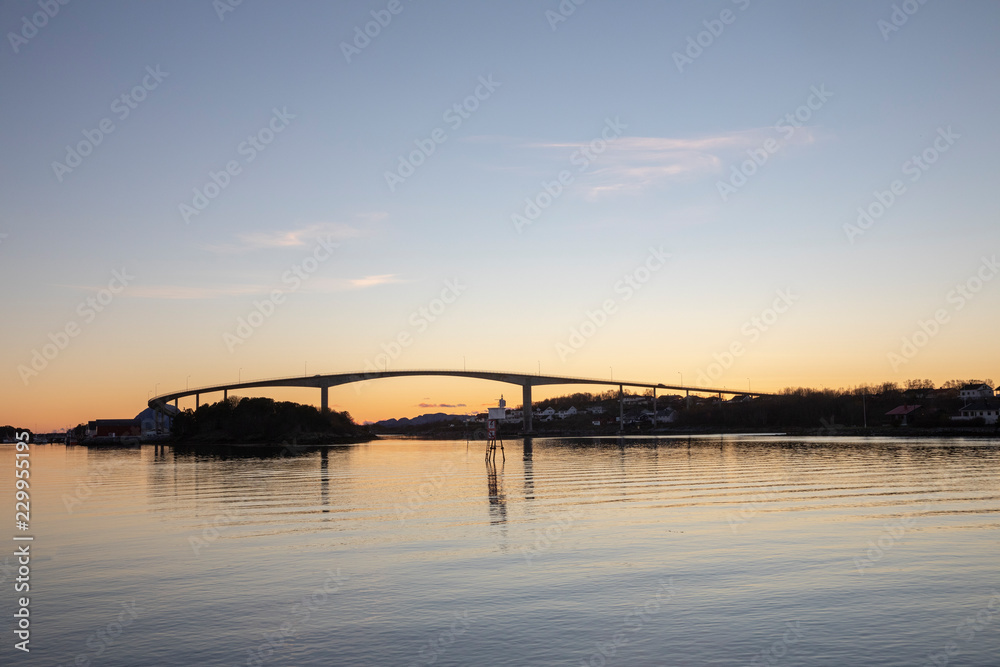 Fototapeta premium Sunset in Brønnøysund harbor area, Northern Norway,Bridge
