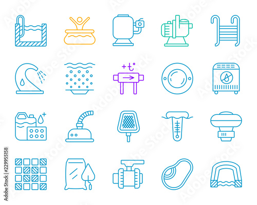 Pool Equipment simple color line icons vector set