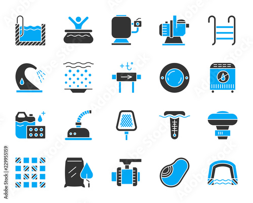 Pool Equipment simple color flat icons vector set