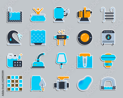 Pool Equipment patch sticker icons vector set