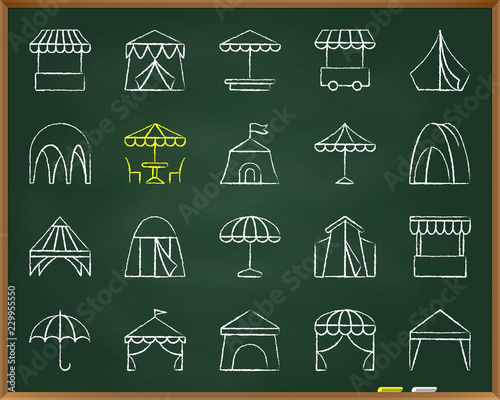 Tent chalk draw line icons vector set