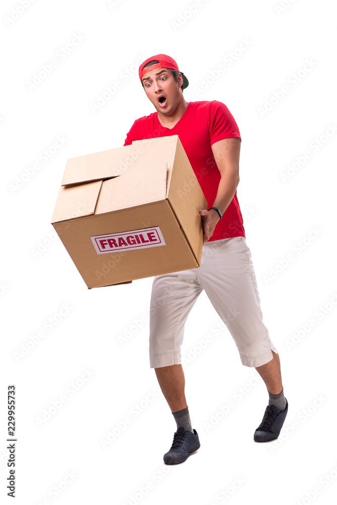 Handsome contractor holding fragile box isolated on white Handsome contractor holding fragile box isolated on white