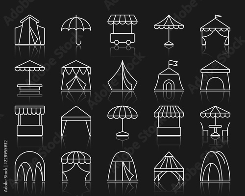 Tent simple white line icons vector set