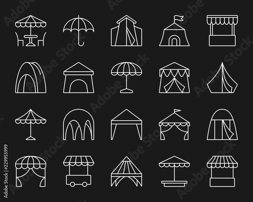 Tent simple white line icons vector set