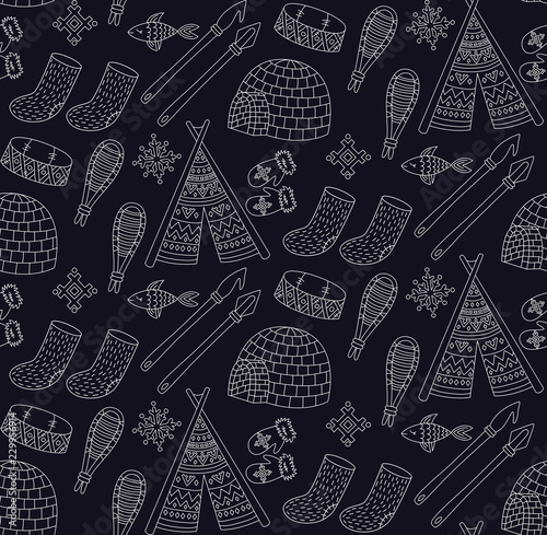 Eskimo snow north culture doodle icons  seamless vector pattern