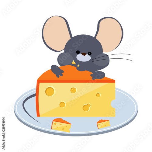 Little Gray Mouse Chewing Cheese on a Plate. Vector Illustration