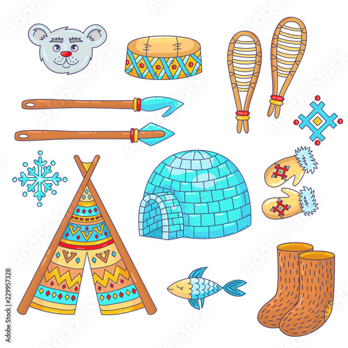 Doodle cartoon eskimo antarctica north pole  icons vector set