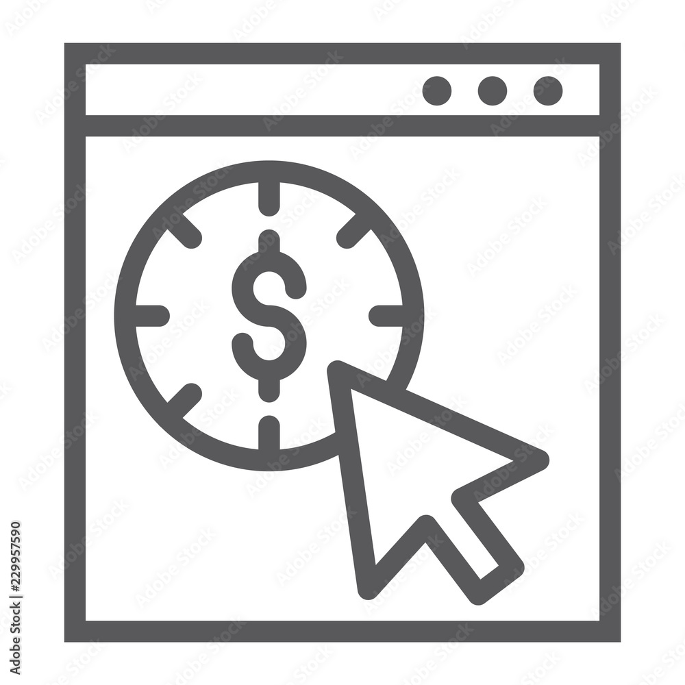 Pay per click line icon, seo and money, pointer sign, vector graphics, a linear pattern on a white background. Pay per click line icon, seo and money, pointer sign, vector graphics, a linear pattern on a white background.