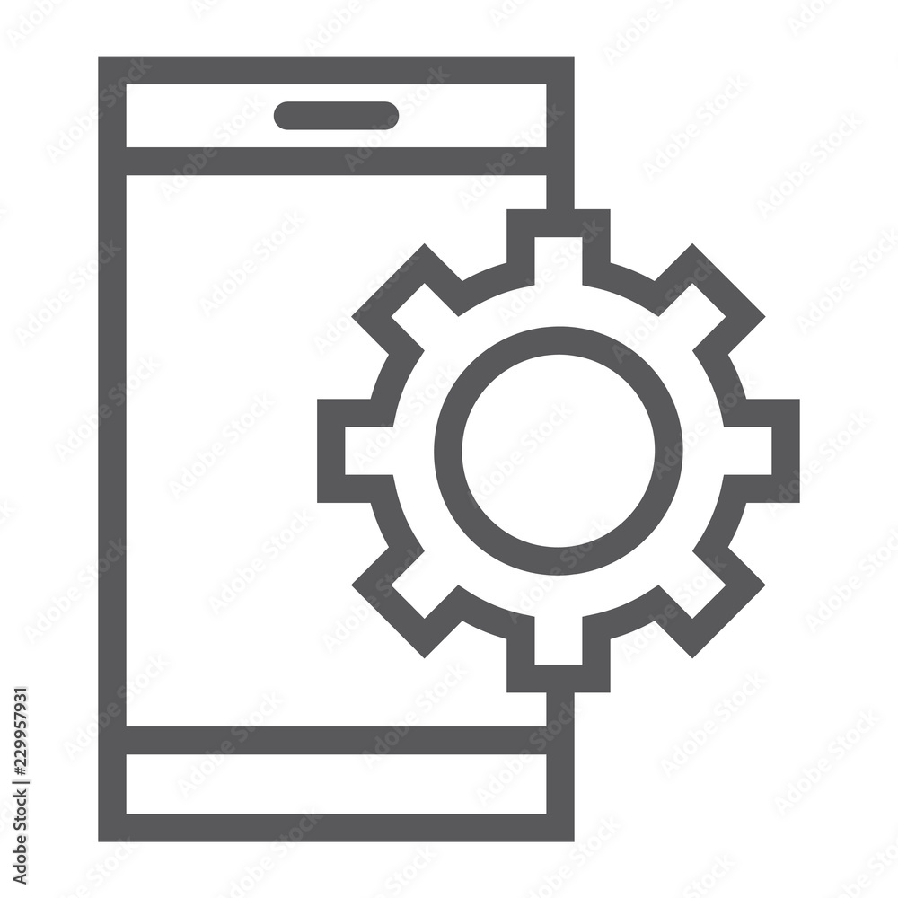 App settings line icon, technology and smartphone, cogwheel sign, vector graphics, a linear pattern on a white background. App settings line icon, technology and smartphone, cogwheel sign, vector graphics, a linear pattern on a white background.
