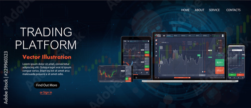 Web Site Screen template. Forex market, news and analysis. Binary option. Application screen for trading. Candles and indicators. HUD UI for business app. Futuristic virtual user interface. Data chart