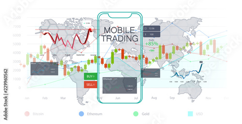 Mobile stock market, Investment trading. Financial analytics. Mobile stock trading concept, business and investment, market analysis. Market trade. Binary option. Trading platform. Vector illustration