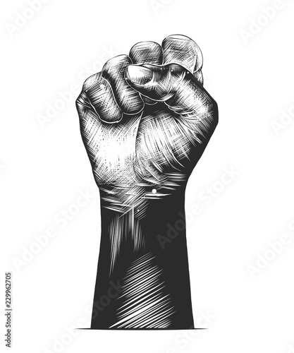 Vector engraved style illustration for posters, decoration and print. Hand drawn sketch of human fist in monochrome isolated on white background. Detailed vintage woodcut style drawing.