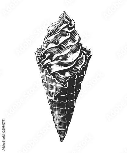 Vector engraved style illustration for posters, decoration and print. Hand drawn sketch of ice cream cone with a splash, monochrome isolated on white background. Detailed vintage woodcut style