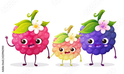 Cute blackberry and raspberry cartoon characters smiling with leaves and flower. Fruit family with kid. Vector illustration isolated on white background.