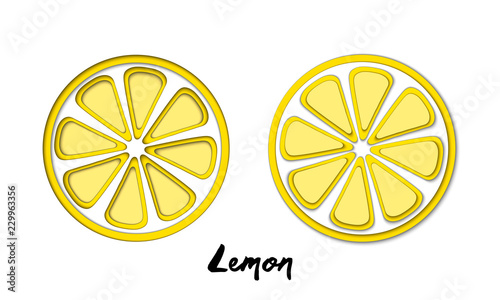 Vector set of paper cut yellow lemon, cut shapes. 3D abstract paper art style, origami concept design, food packaging, advertising, detox, cosmetics, healthy eating.